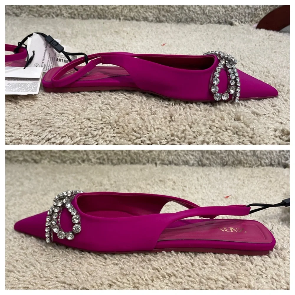 NWT! ZARA FLAT MULES WITH EMBELLISHED BOW FUCHSIA - Picture 3 of 8
